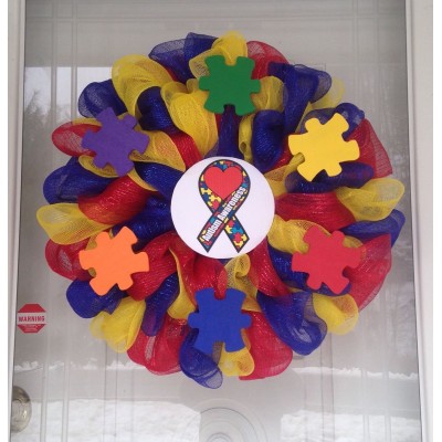 Autism Awareness Deco Mesh Ribbon Handmade Door Wreath   232842689627